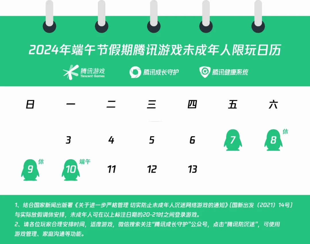 腾讯游戏发布2024年端午节未成年人限玩通知：4天每天1小时